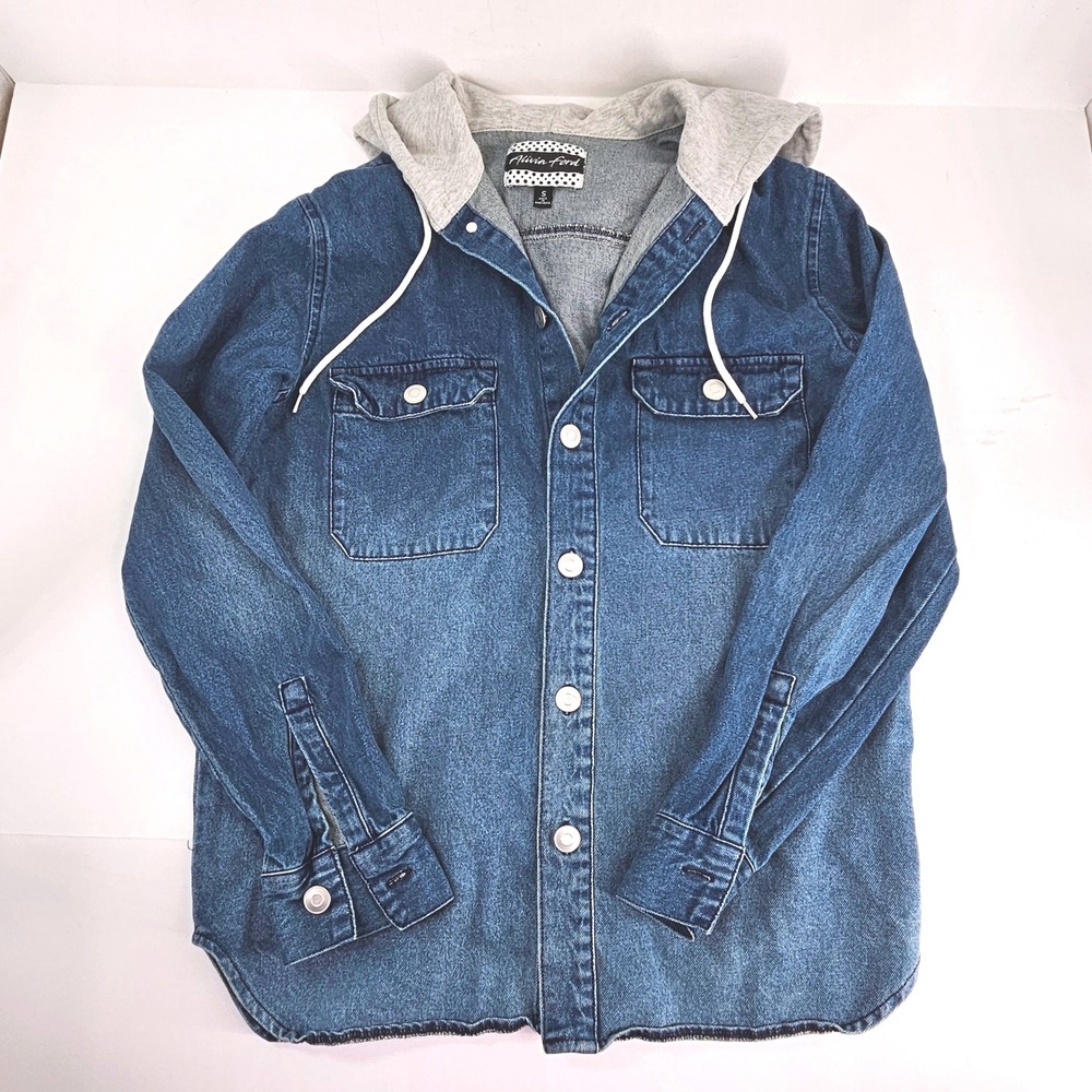 Alivia Ford Denim Hoodie Jacket Blue Jean Button Up Shirt Womens Small Shacket
